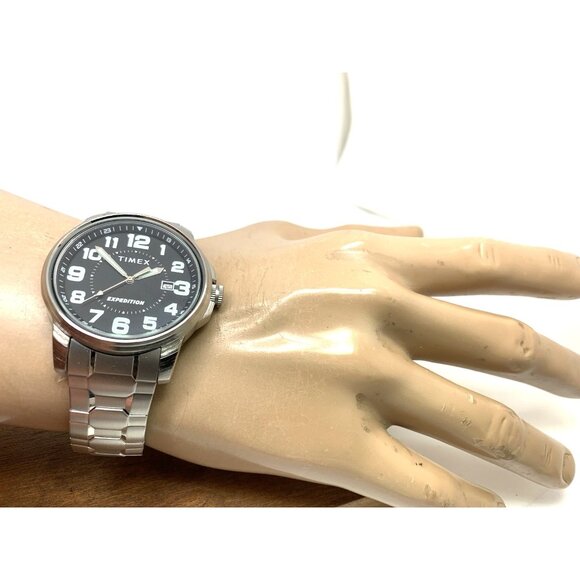 Timex Men's Watch Expedition Quartz Black Dial Date Silver Expansion Band 40mm - Picture 4 of 14